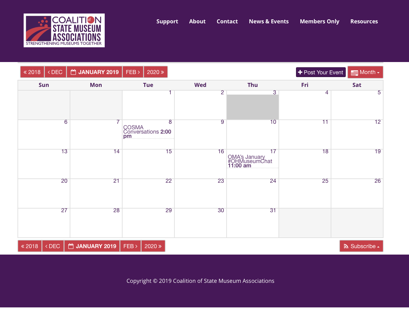 COSMA Website calendar